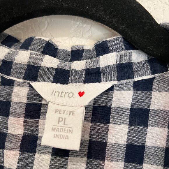 Intro Navy Blue White Gingham Floral Embroidered Button Up 3/4 Sleeve Top Sz PL - Picture 8 of 10